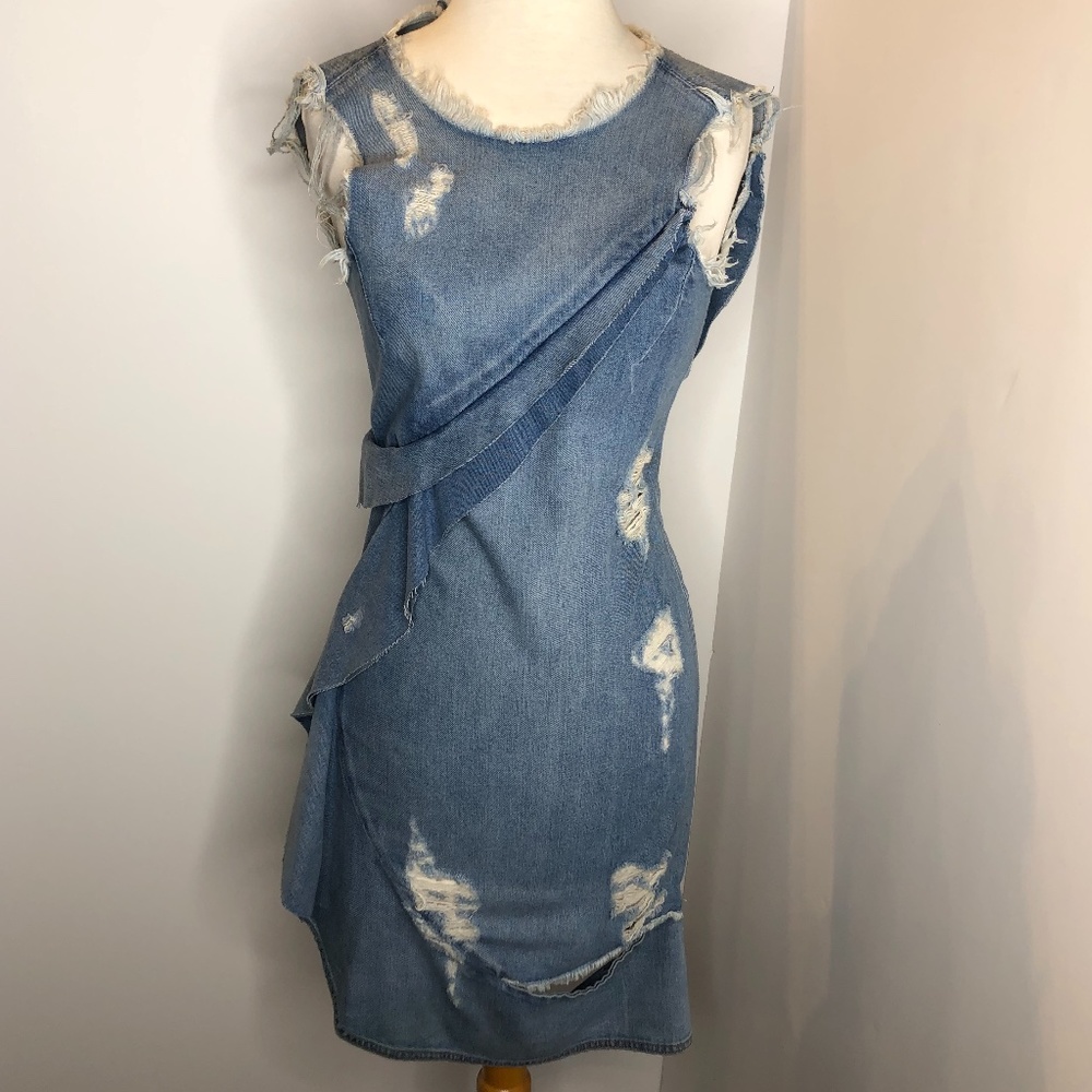 jonathan simkhai denim ruffle dress Jonathan Simkhai Blue Ruffle Distressed Denm Dress